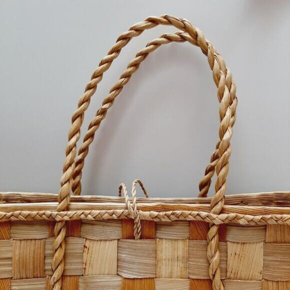 Vintage Hand Made Wide Woven Leaf Large Beach Tote Summer Bag Rope Handle Beige - Picture 8 of 15